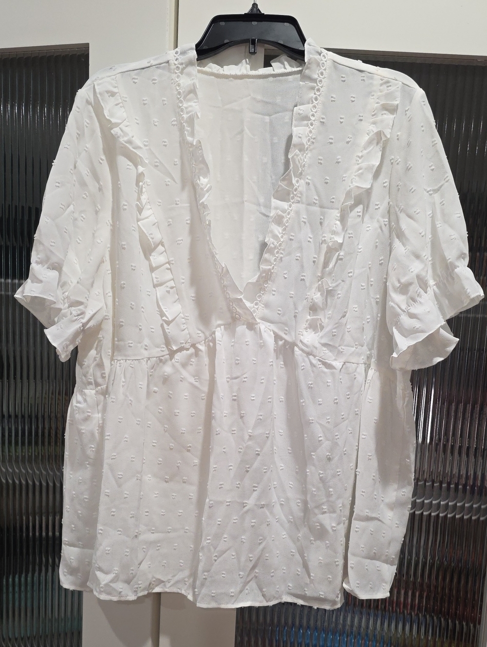 SHEIN White Eyelet Ruffle V-Neck Blouse